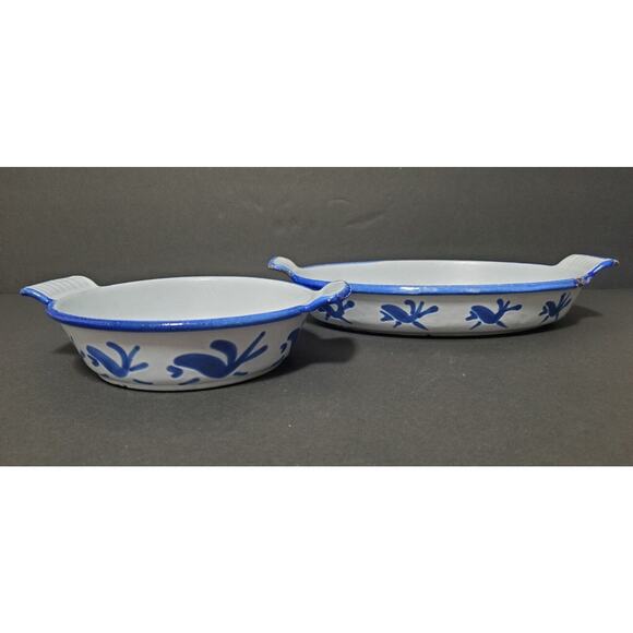 2 Husqvarna Enameled Cast Iron Baking Dishes Blue Birds Vintage Sweden Heavy